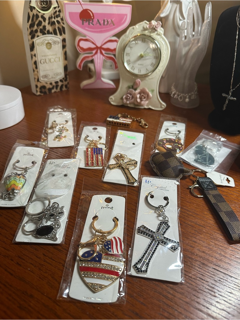 Assorted Keychain Lot with Patriotic and Cross Charms etc. Gold & Silver Accents